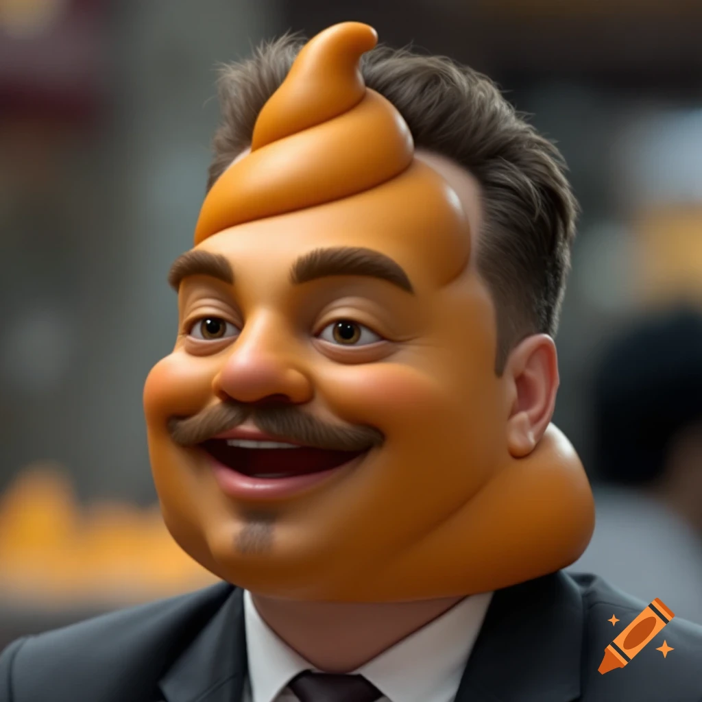 Stylized portrait of a man wearing an orange emoji on his head.