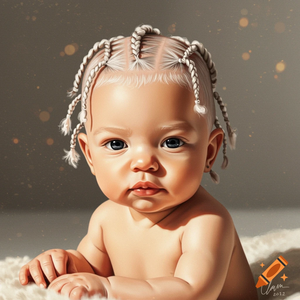Close-up portrait of a baby with blonde braids and blue eyes lying on a furry surface.