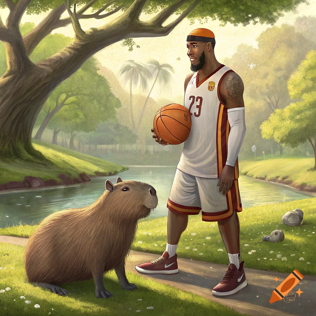 Lebron James holds a basketball next to a capybara in a park.