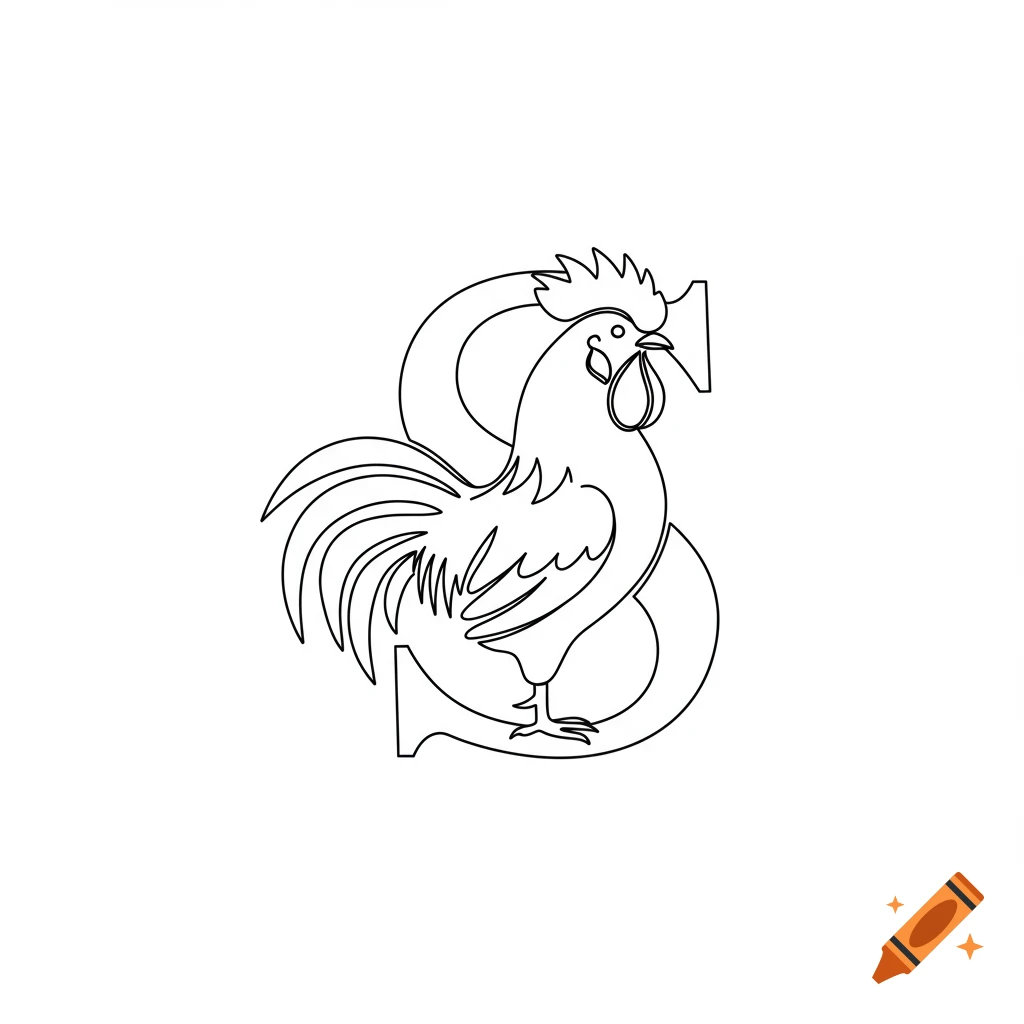 Line art drawing of a rooster and a capital letter S combined.