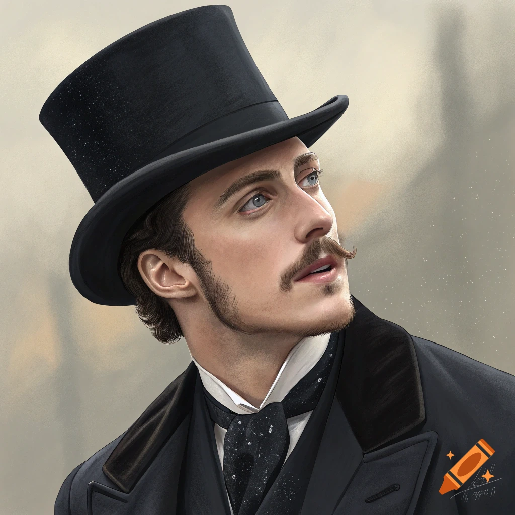 Portrait of a man in a top hat and suit looking up