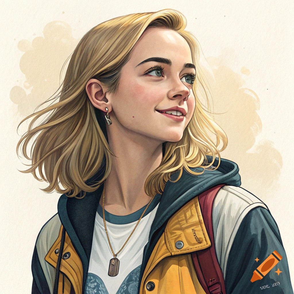 Illustration of a smiling blonde young woman looking up, wearing a jacket and backpack.