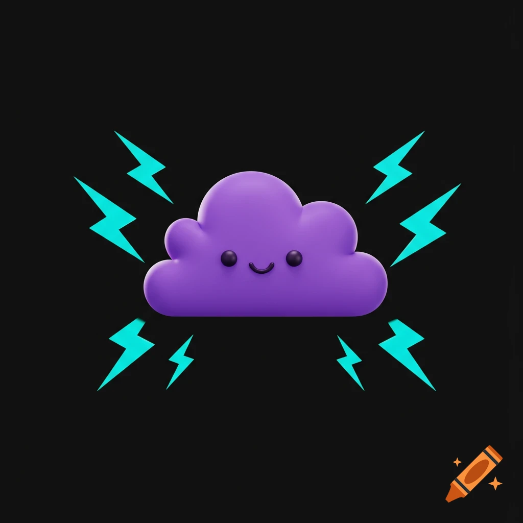 A purple cartoon cloud with a face emits blue lightning bolts on a black background.