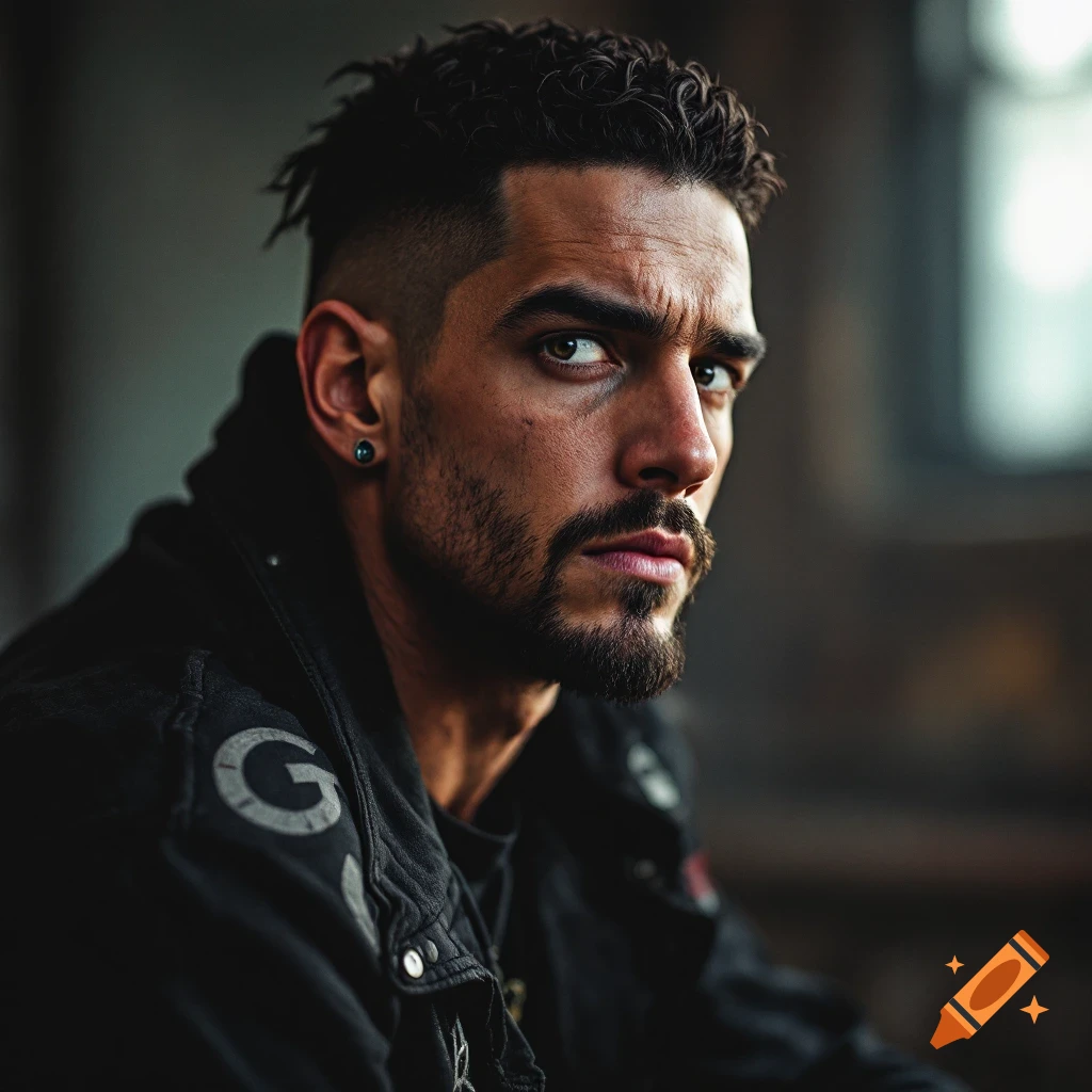 Close-up portrait of a man in a black jacket, photorealistic style