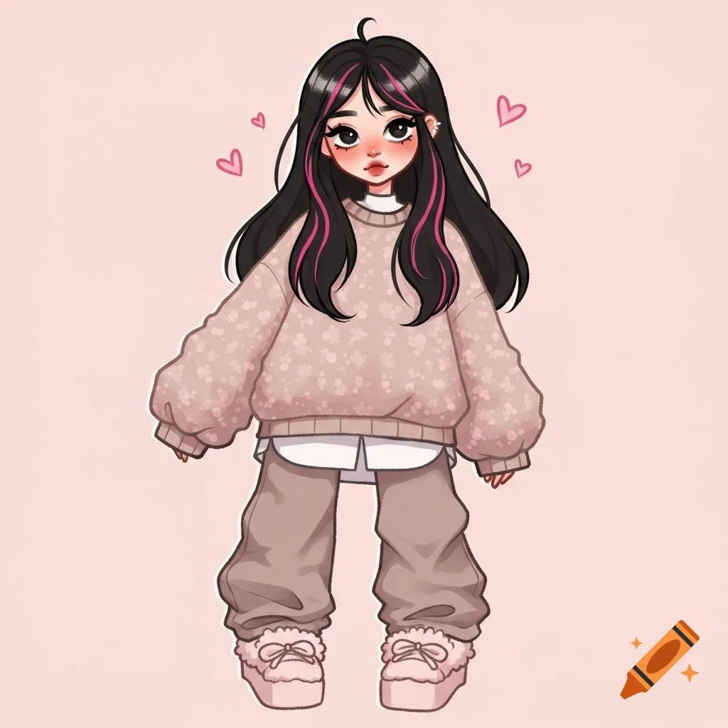 Illustration of a girl with black hair and pink stripes wearing a fluffy pink sweater, baggy pants, and fluffy shoes, with pink hearts.