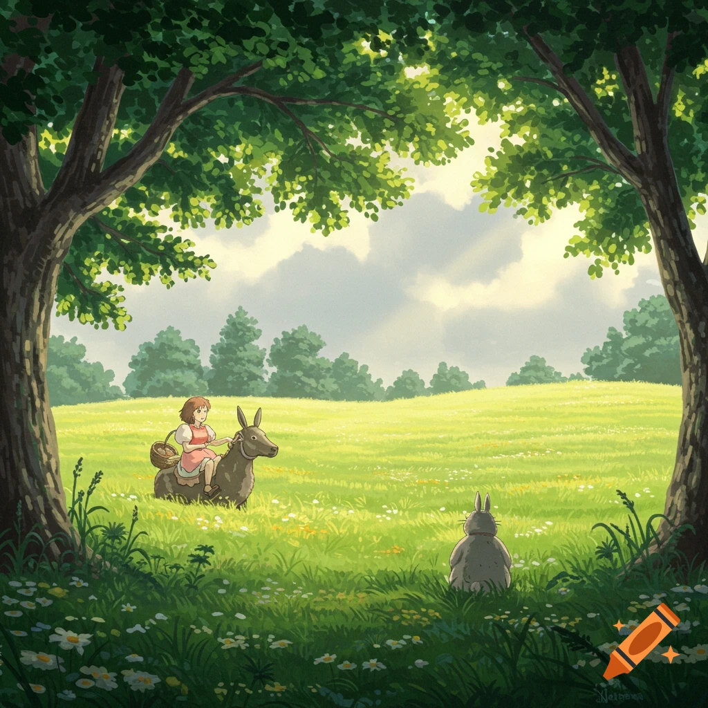 Ghibli-style animation of a girl riding a creature in a sunny grassy field with another creature sitting nearby.