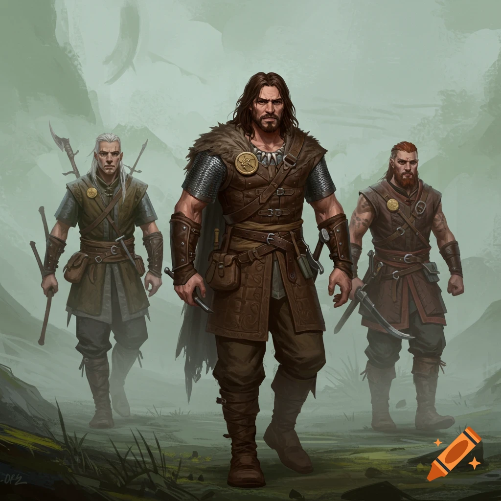 Three male warriors in fantasy attire stand in a misty landscape.