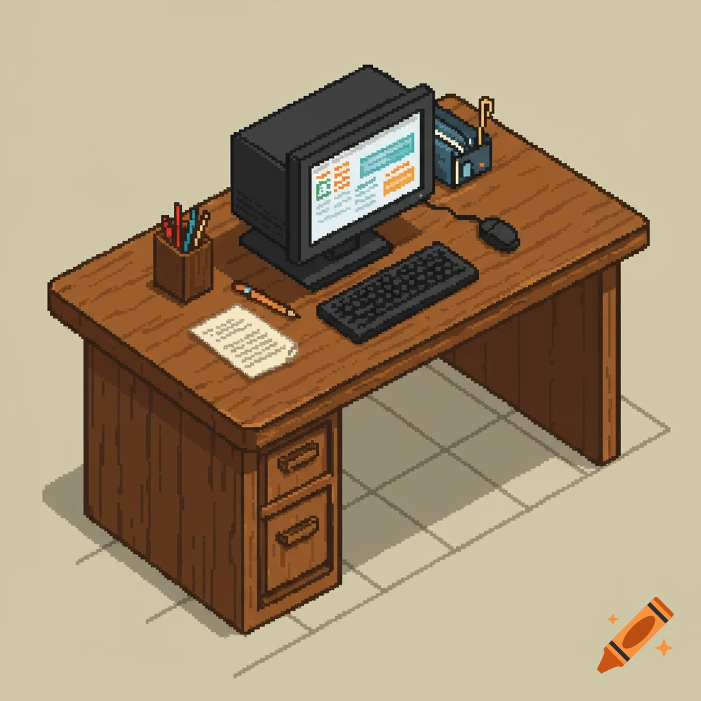 Pixel art isometric view of an office desk with computer, keyboard, mouse, pens, and paper.