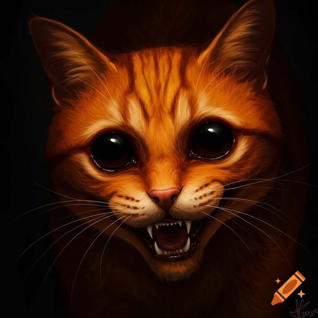 Close-up of an orange cat's face with large dark eyes and bared fangs.