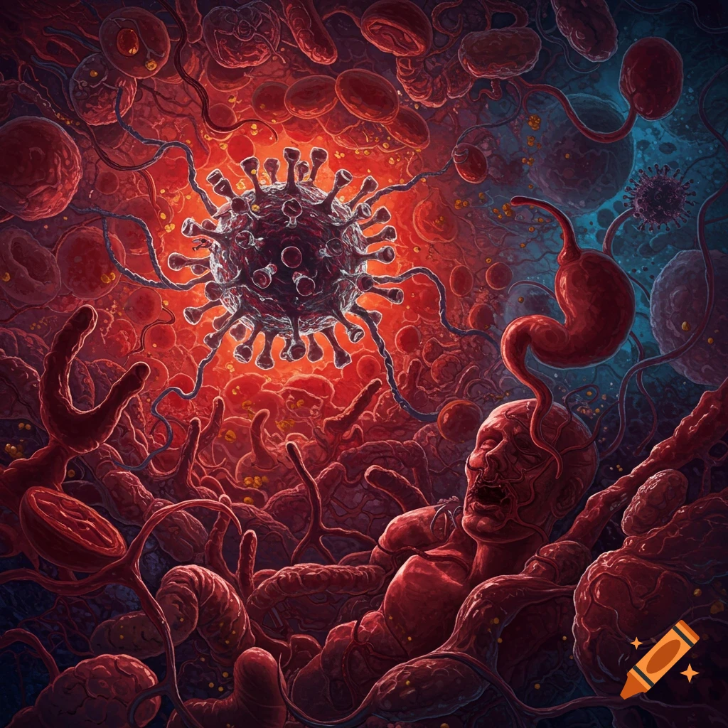 A large virus particle surrounded by red blood cells, fleshy tissues, and a distorted human figure in a biological horror style.
