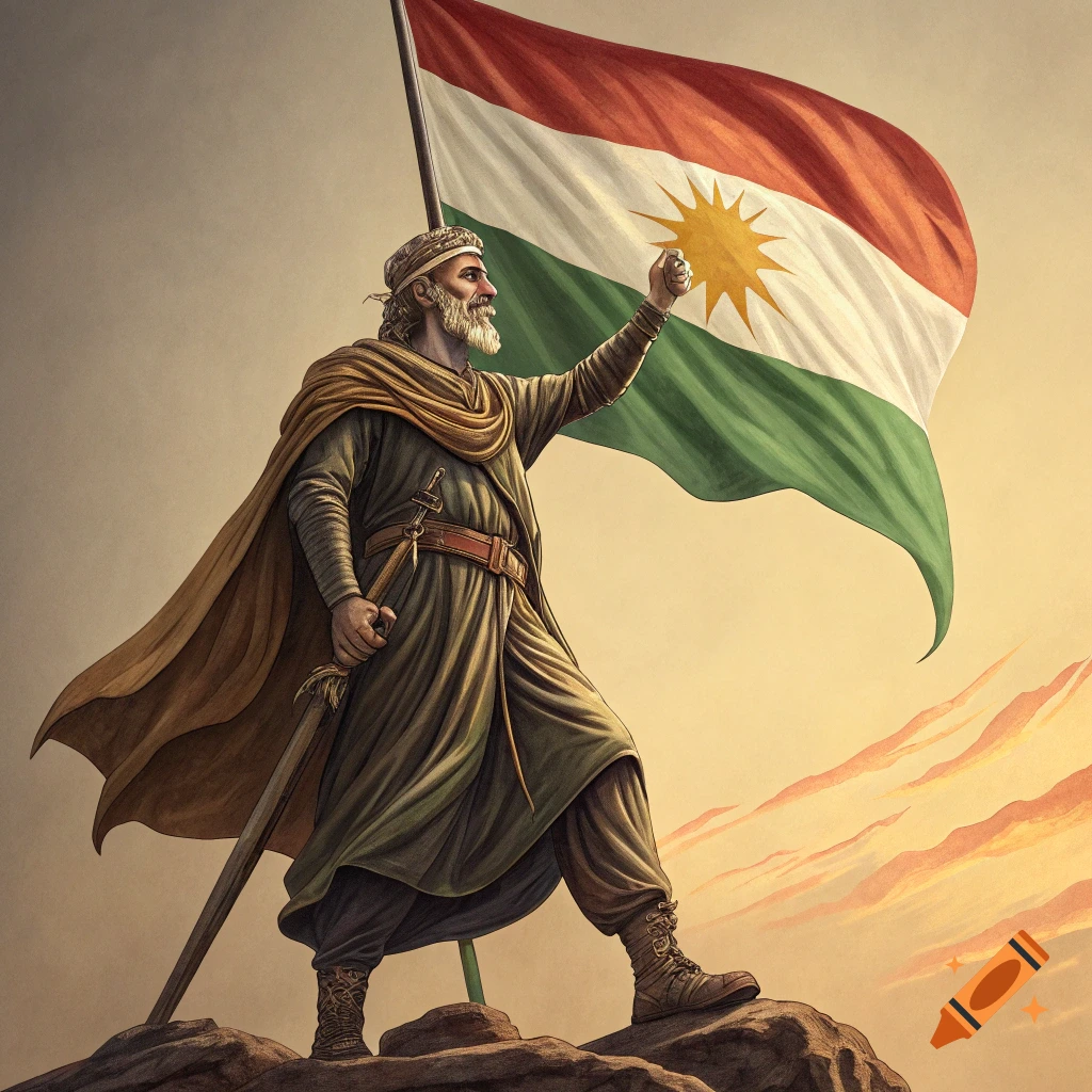 An illustration of a man in historical clothing holding the flag of Kurdistan on a rocky outcrop.
