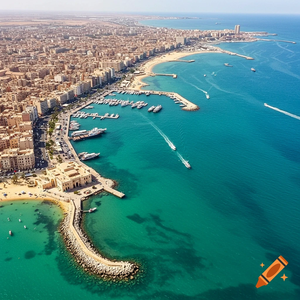Aerial view of a city coastline with a harbor full of boats
