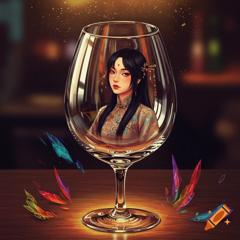 Illustration of a Han Asian woman in traditional dress inside a wine glass surrounded by colorful crystals.