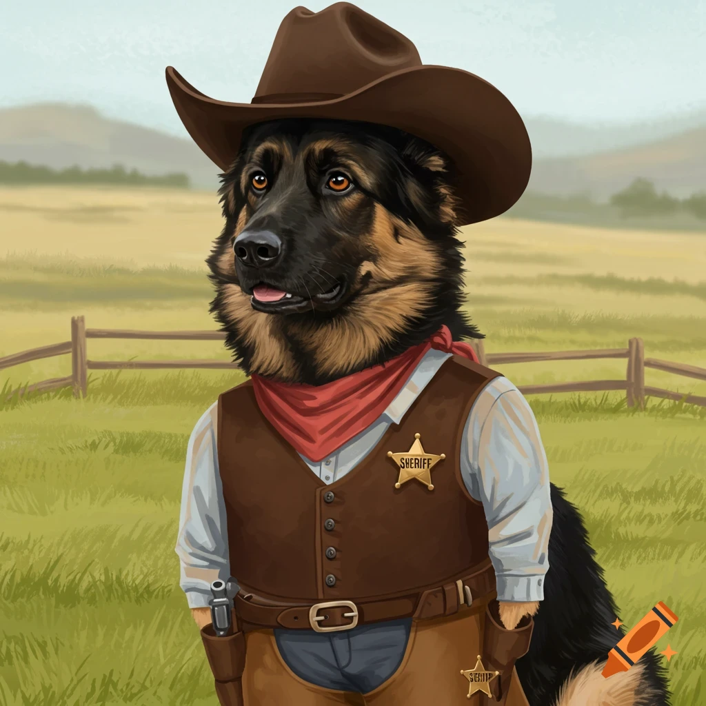 A German Shepherd dog dressed as a sheriff, wearing a cowboy hat, vest, and badge, stands in a grassy field.