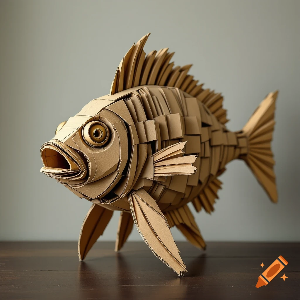 Detailed cardboard sculpture of a fish standing on a table.