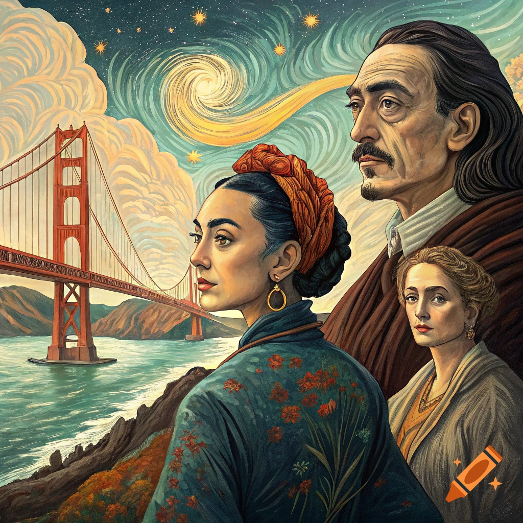 Portraits of people in a Van Gogh style landscape with the Golden Gate Bridge and a starry sky.