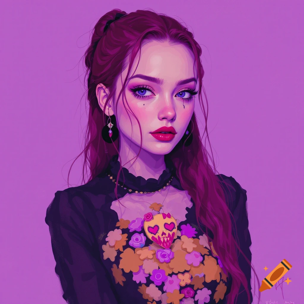 Stylized portrait of a woman with purple hair, gothic makeup, and a skull pendant, against a purple background.