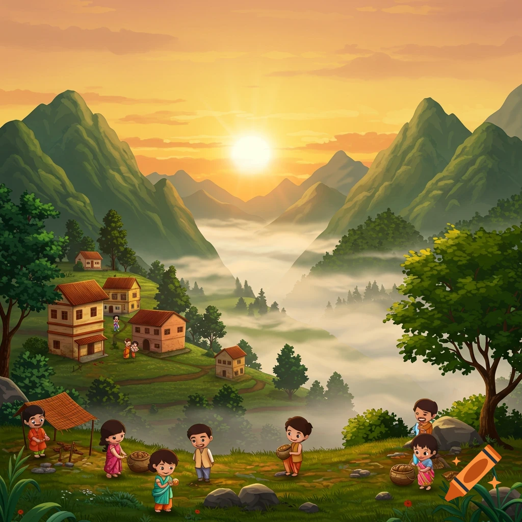 Cartoon village in mountain valley with mist at sunrise, children playing.