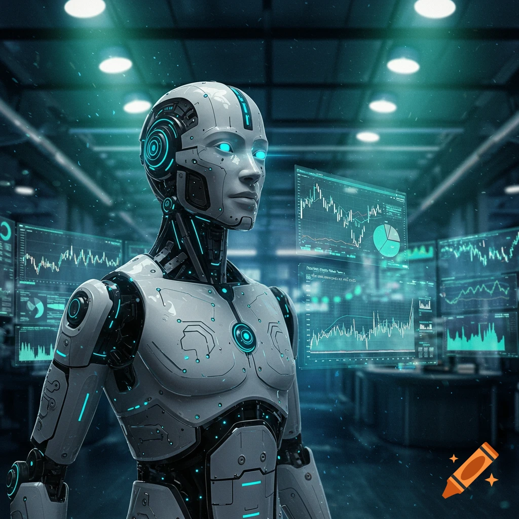 A humanoid robot looks at data displays in a high-tech lab.