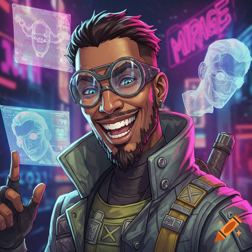 Stylized smiling man in goggles and jacket with holographic images and neon MIRAGE sign in cyberpunk city.