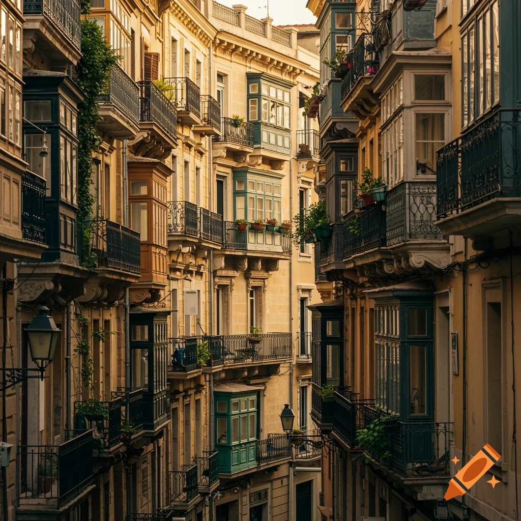 Narrow street lined with old European buildings featuring many ornate balconies and plants.
