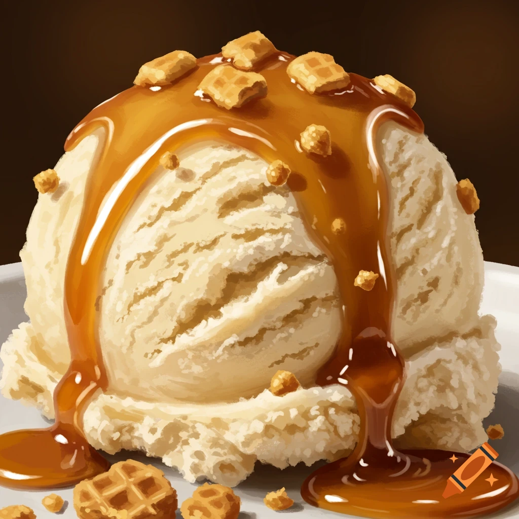 A scoop of vanilla ice cream with caramel drizzle and waffle pieces on a plate.