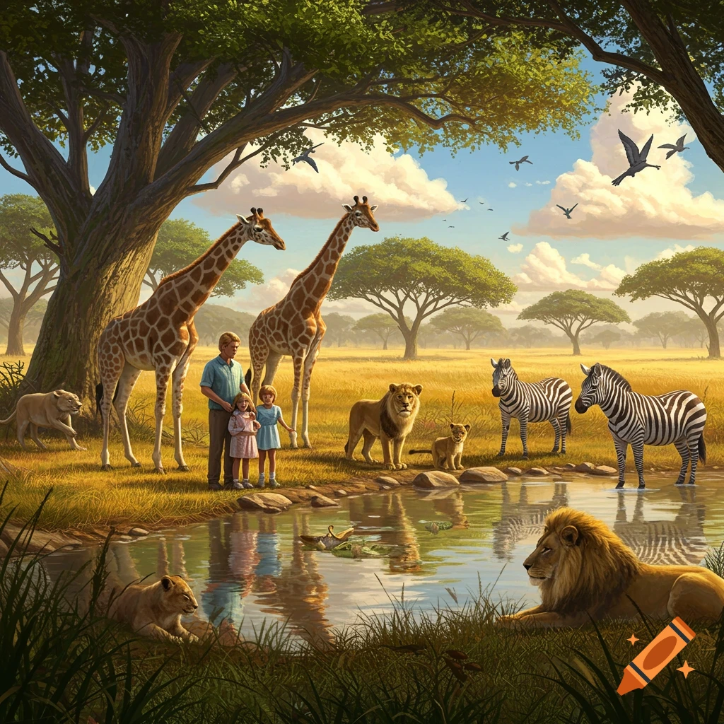 A family and savanna animals gather by a watering hole.