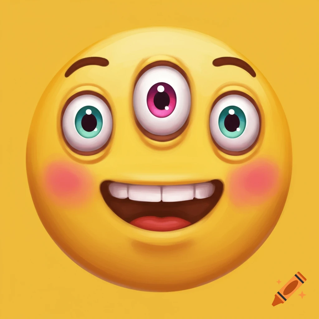A yellow emoji face with three eyes and a wide smile