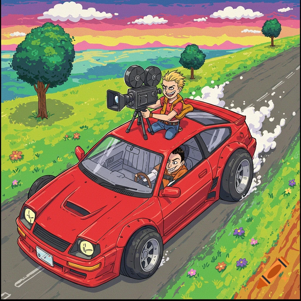Cartoon car with two men, one driving and one filming from the roof with a camera, speeding on a road.