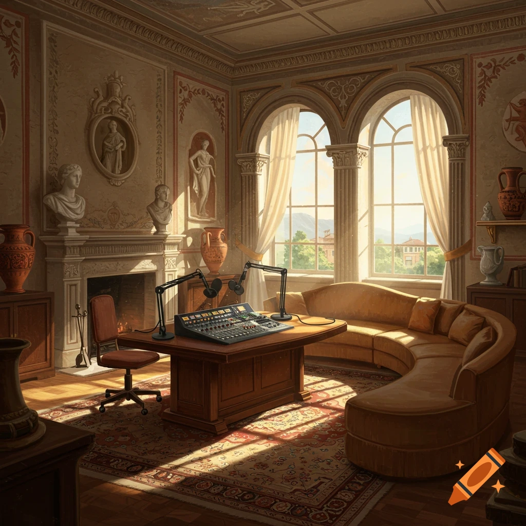 Greek style room set up as a podcast studio with mixing board, microphones, curved sofa, and arched windows.