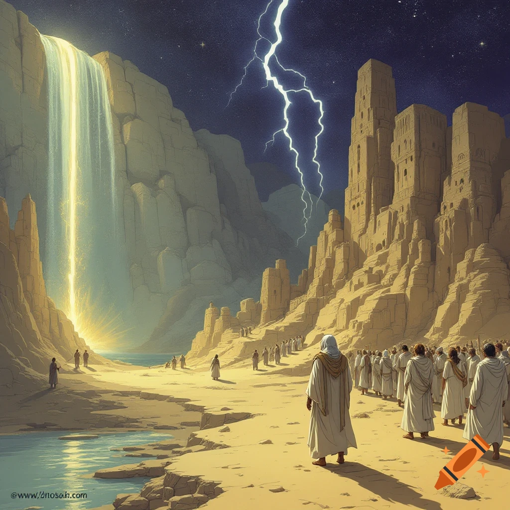 Robed figures walk through a desert canyon towards ancient structures under a stormy, star-filled sky with lightning and a glowing waterfall.