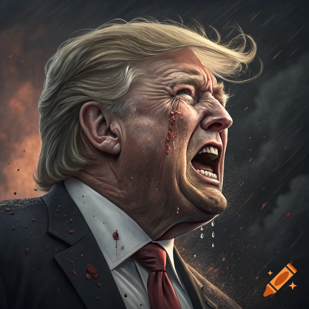 Dramatic portrait illustration of a man resembling Donald Trump screaming in the rain with liquid dripping from his face.
