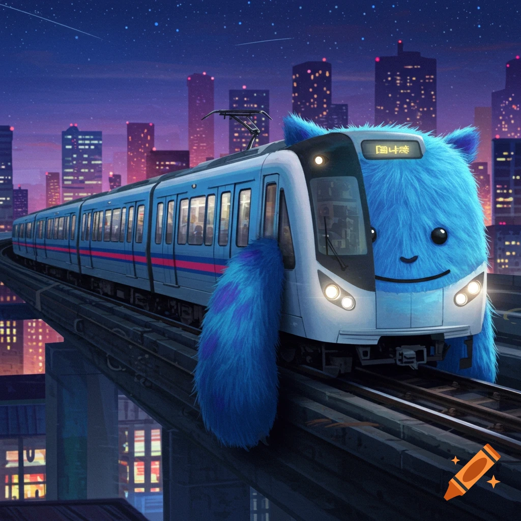 Illustration of a blue furry monster combined with a train on elevated tracks at night, with a city skyline in the background.