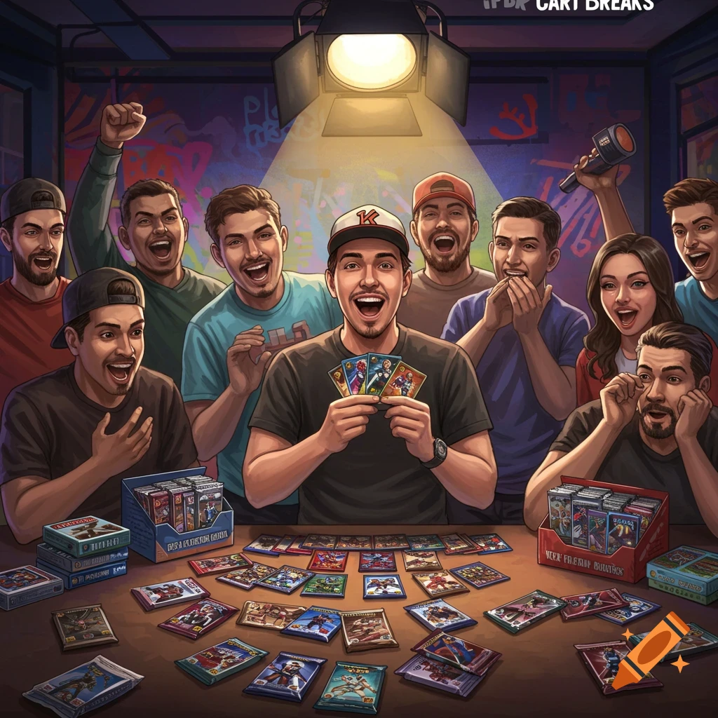 A group of excited people gathered around a table with trading cards and boxes, looking at cards, in a stylized illustration.