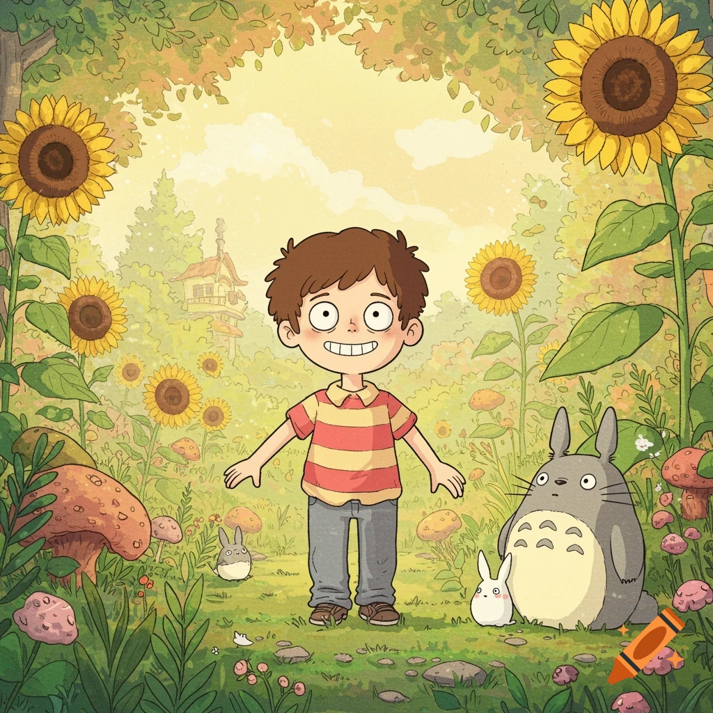 Illustration of a boy and forest spirits like Totoro in a field of sunflowers and mushrooms in Studio Ghibli style.