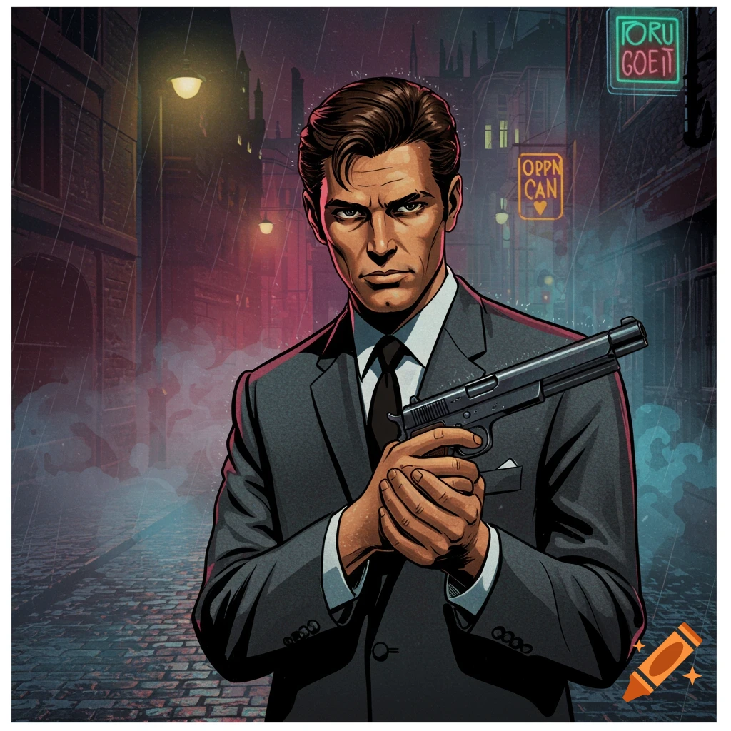 A secret agent in a suit holds a gun on a rainy city street, comic art style.