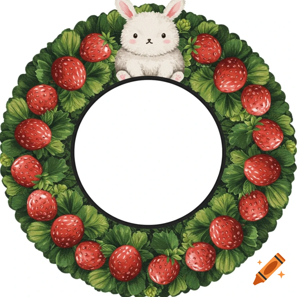 A watercolor illustration of a green wreath with strawberries and a white rabbit.