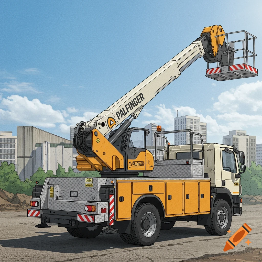 Illustration of a yellow and white bucket truck.