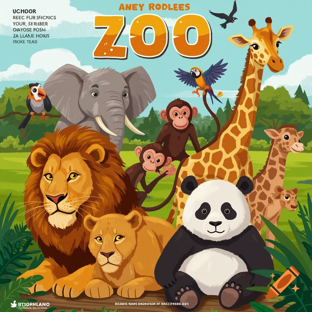 Cartoon illustration of zoo animals including a lion, elephant, giraffe, panda, and monkeys with the word ZOO.