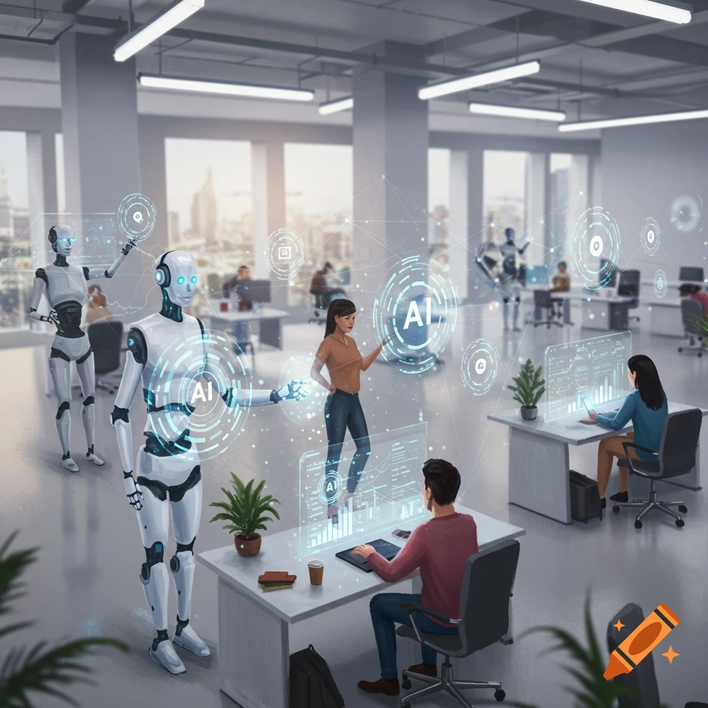 Robots and people work in a futuristic office with holographic AI interfaces.