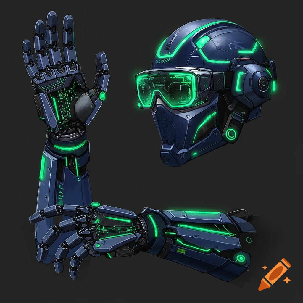Cybernetic arm and helmet with glowing green details