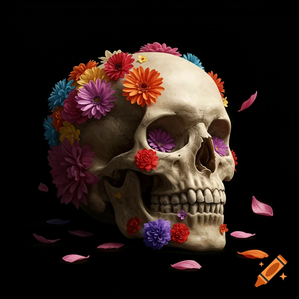 Skull decorated with colorful flowers on a black background.