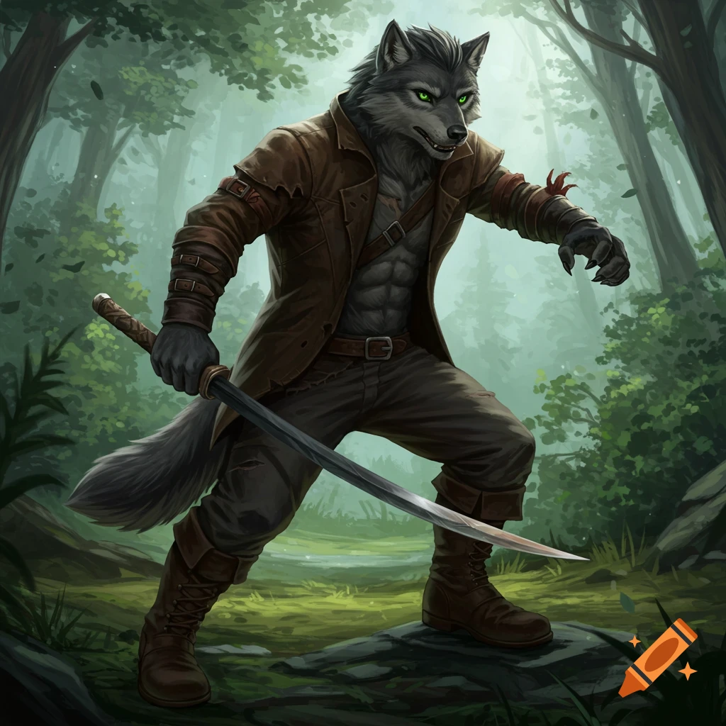 Anthro wolf character in a brown coat holding a sword in a forest clearing.