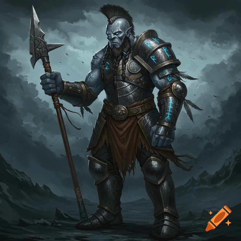 A grey-blue skinned goliath giant in dark fantasy armor with a mohawk holds a pike in a desolate landscape.