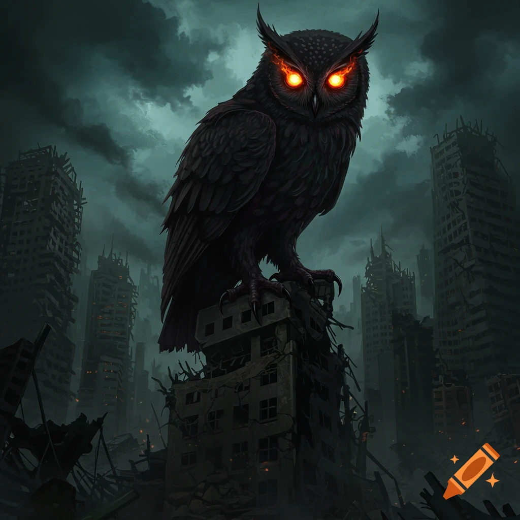 Large black owl with glowing red eyes on a ruined building overlooking a destroyed city under a stormy sky. Dark fantasy art.