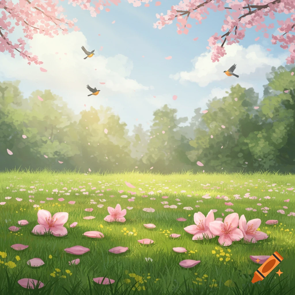 A peaceful spring meadow with pink flowers and petals scattered on grass, birds flying under blooming cherry trees.