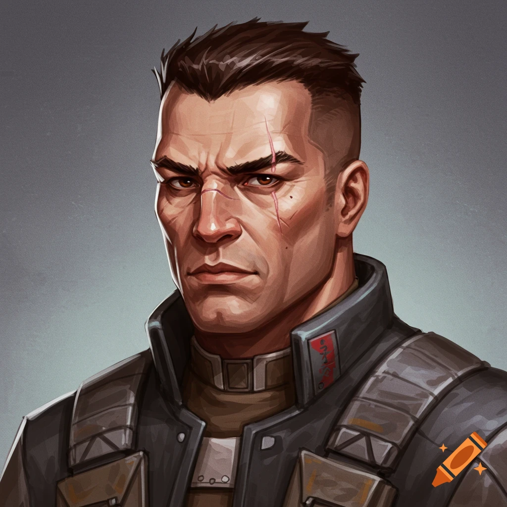 Detailed portrait of a man with scars and a stern expression, wearing sci-fi or military-style armor.