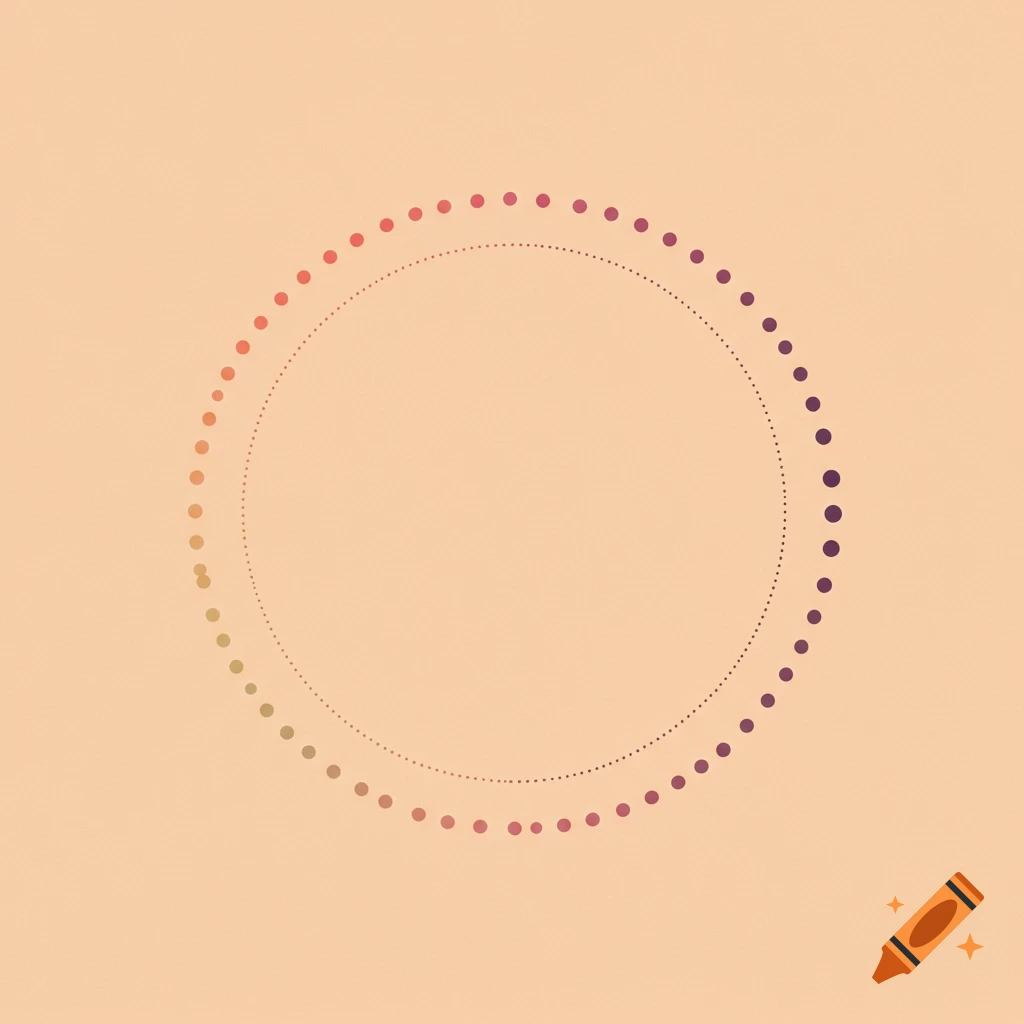 An abstract graphic with a dotted circle outline surrounded by a circle of gradient-colored dots on a light orange background.