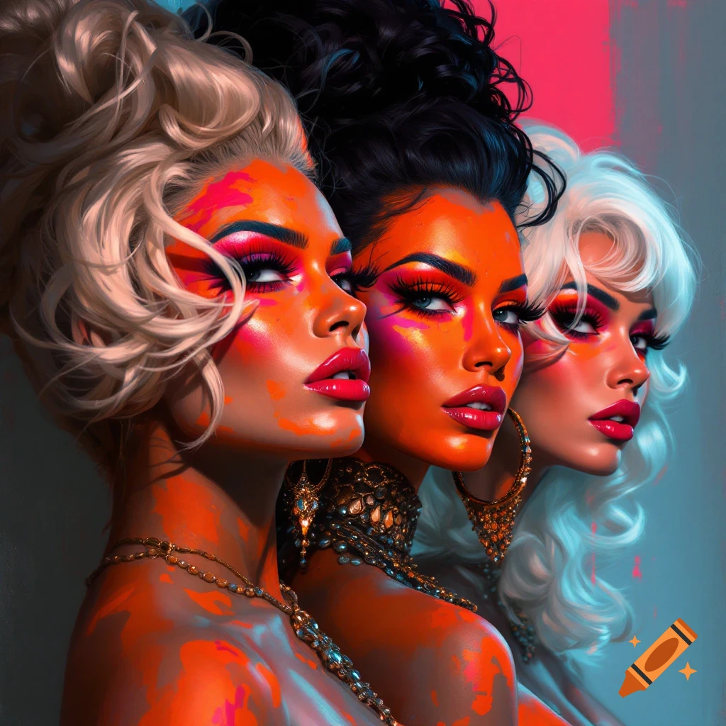 Three women with dramatic orange and pink makeup, styled hair, and jewelry.