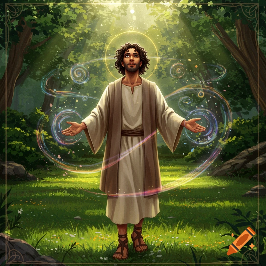 A man in a robe with outstretched arms stands in a sunlit forest clearing with glowing spiritual energy surrounding him, in a fantasy art style.
